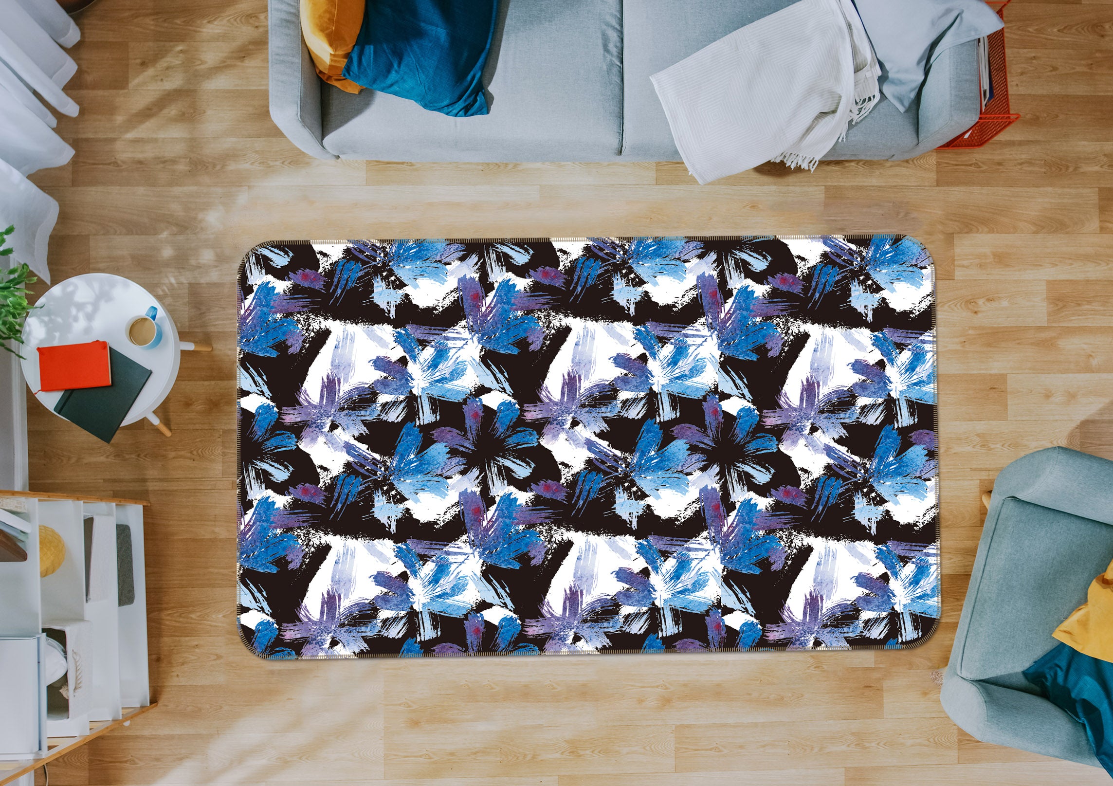 3D Blue Flowers 35046 Non Slip Rug Mat