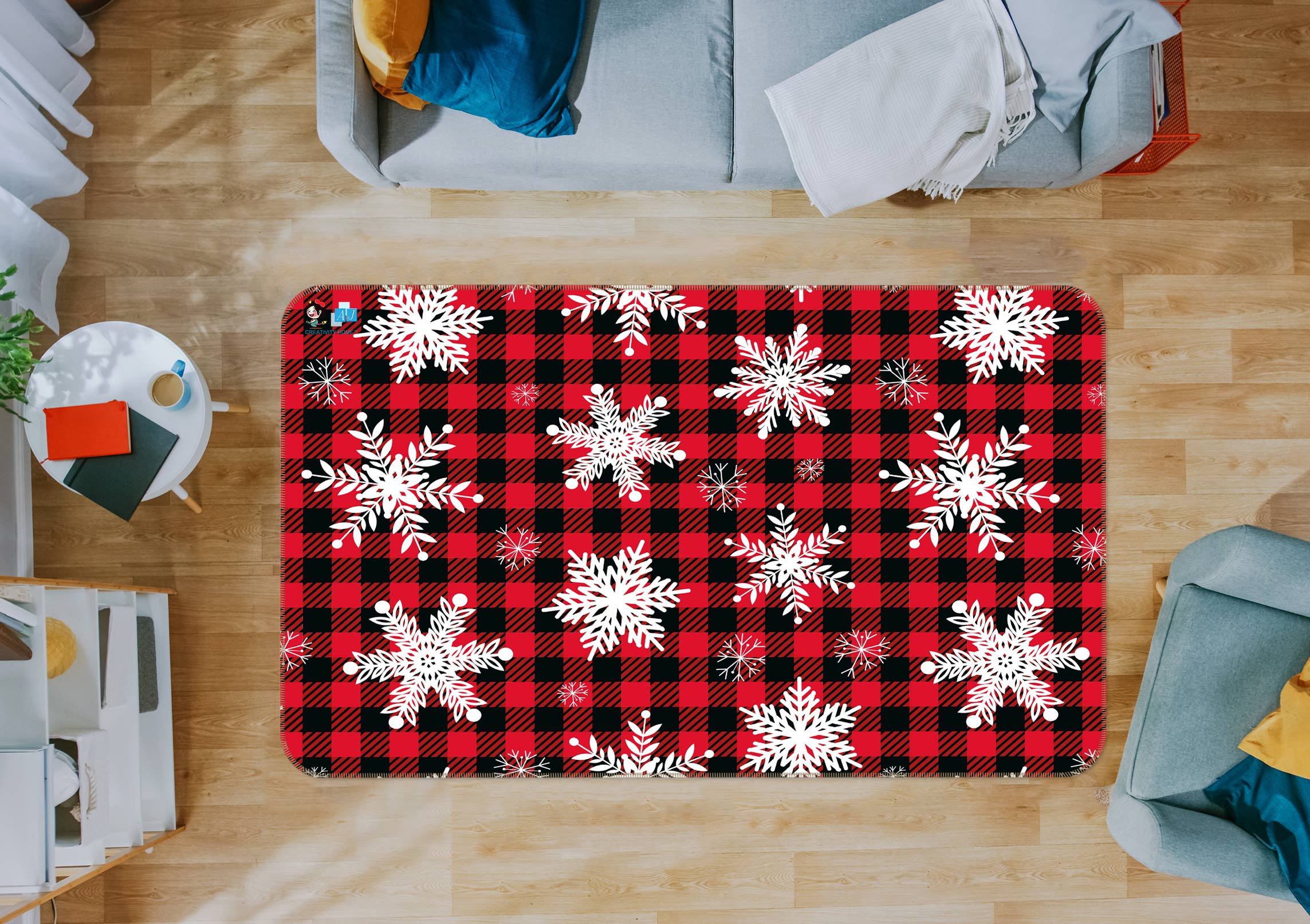 3D Snowflake Black Red Check 55013 Christmas Non Slip Rug Mat Xmas