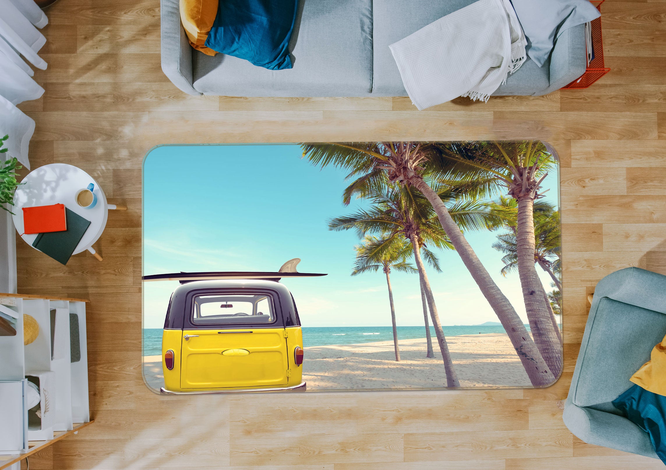 3D Seaside Coconut Tree Yellow Car 68013 Vehicle Non Slip Rug Mat