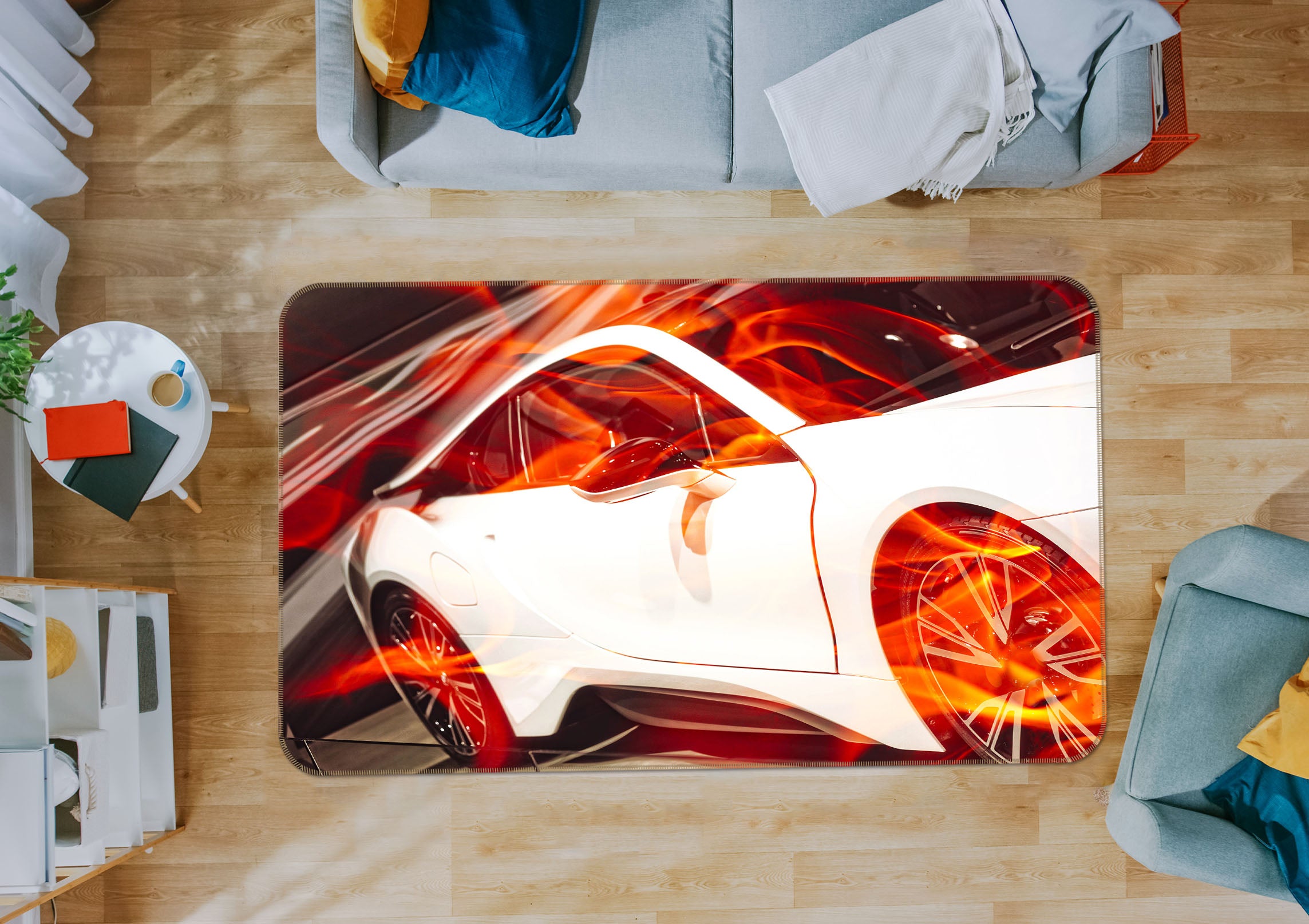 3D White Car Flame 42106 Vehicle Non Slip Rug Mat