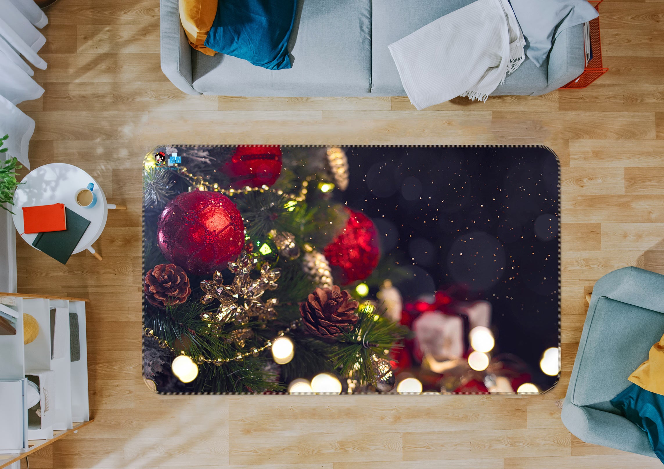 3D Tree Red Ball 55017 Christmas Non Slip Rug Mat Xmas