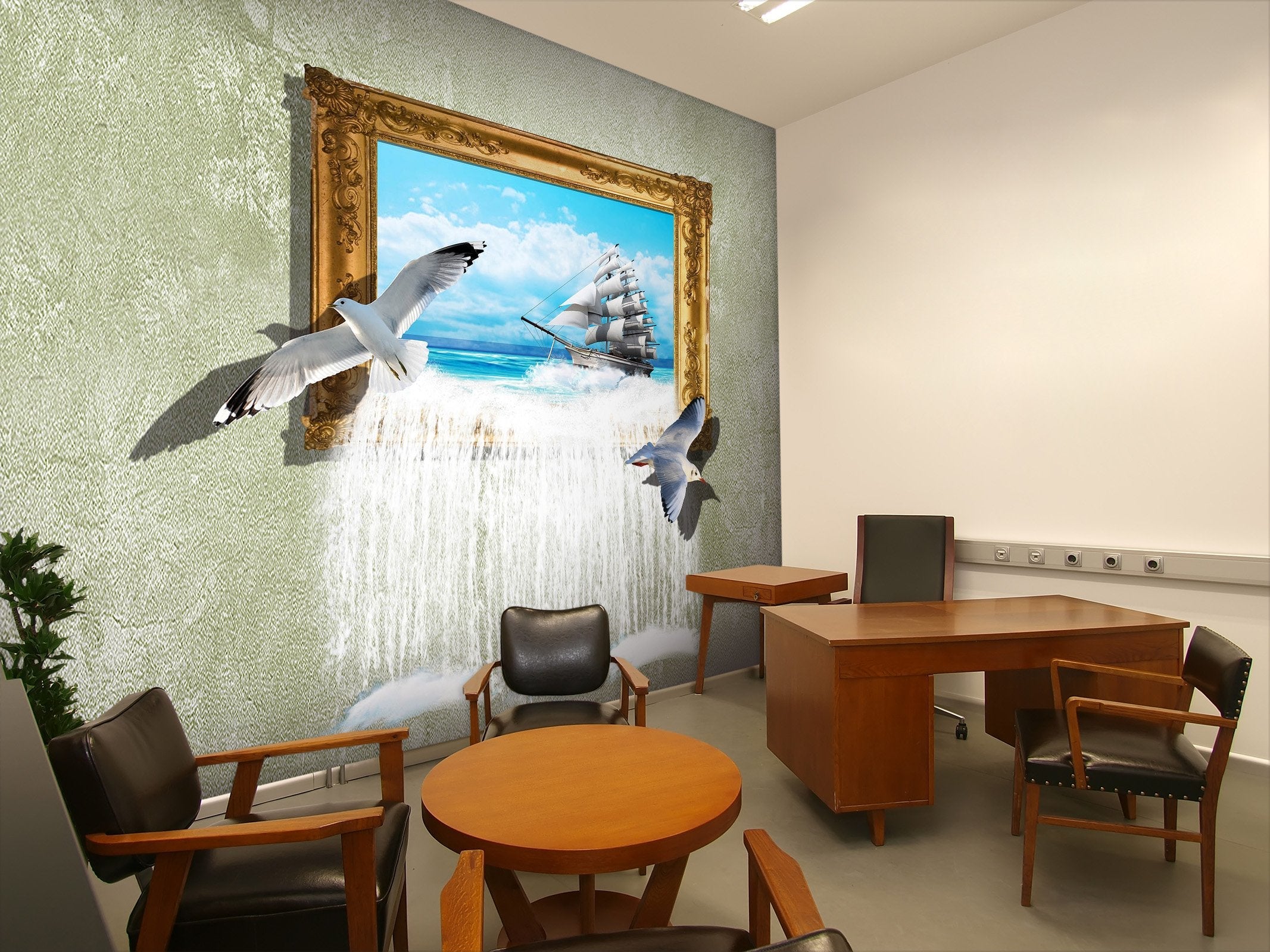 3D oil painting with seagulls and ship 20 Wall Murals Wallpaper AJ Wallpaper