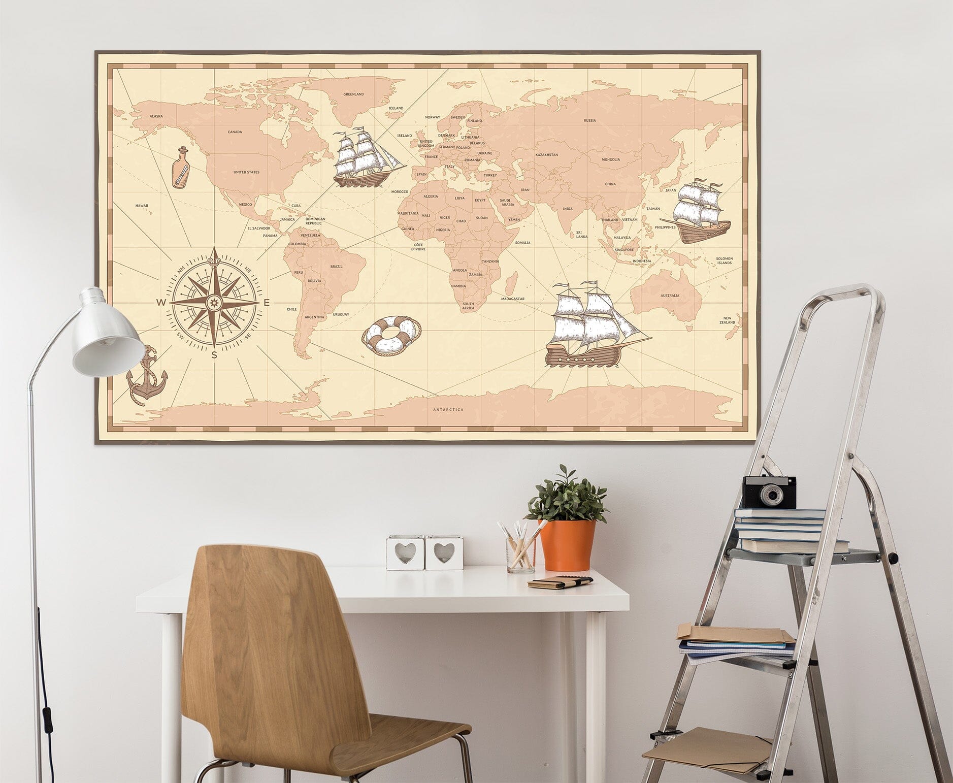 3D Sailing Ship 101 World Map Wall Sticker Wallpaper AJ Wallpaper 2