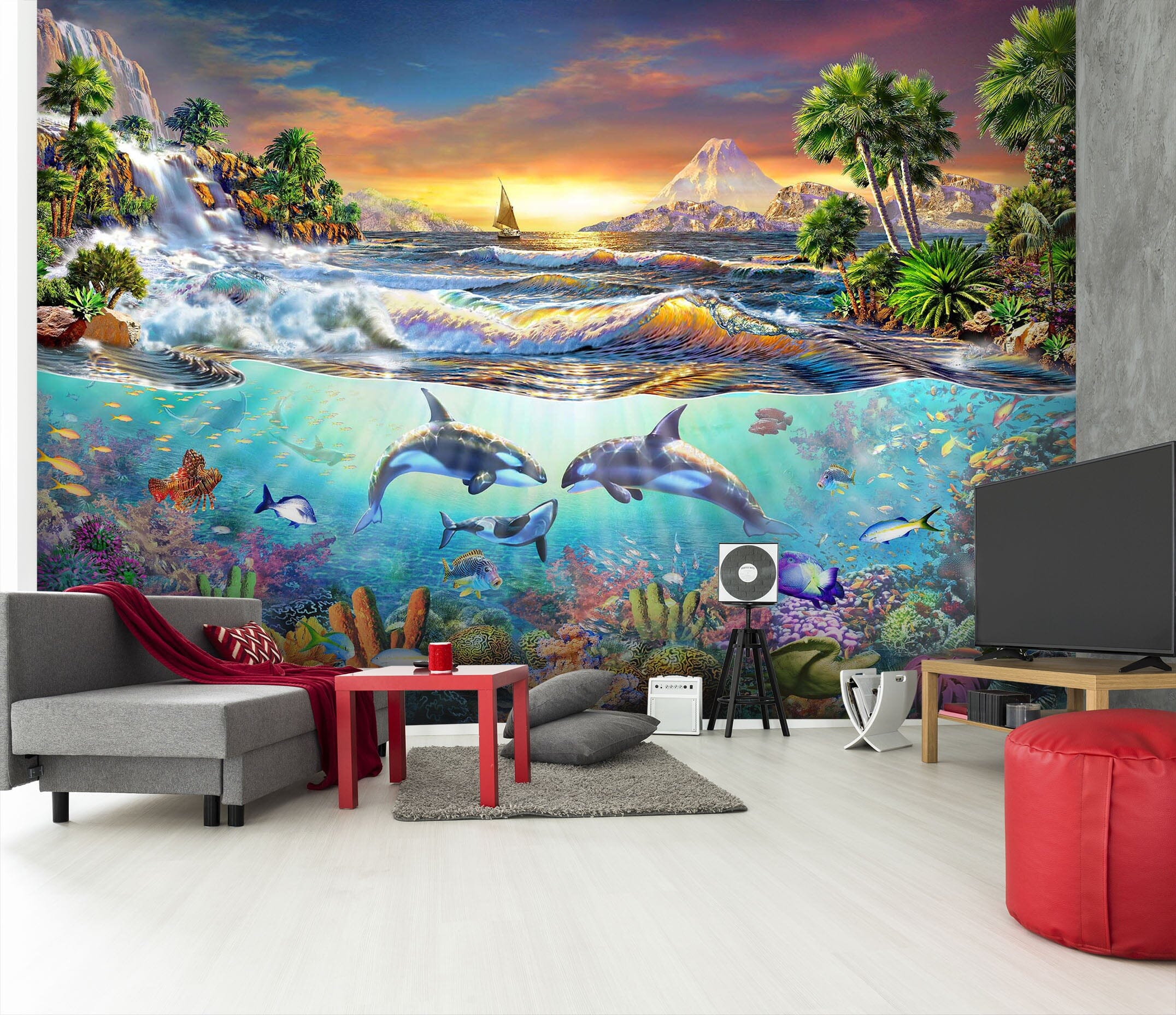 3D Sunset Dolphin 1403 Adrian Chesterman Wall Mural Wall Murals Wallpaper AJ Wallpaper 2