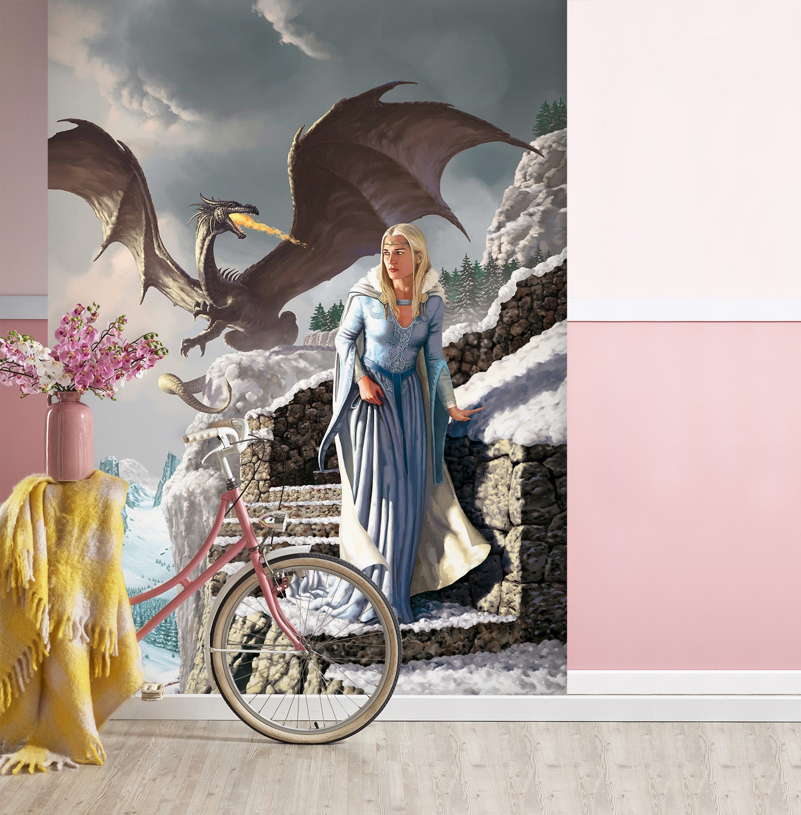 3D Fly Dragon Stone Stairs Woman 7120 Ciruelo Wall Mural Wall Murals