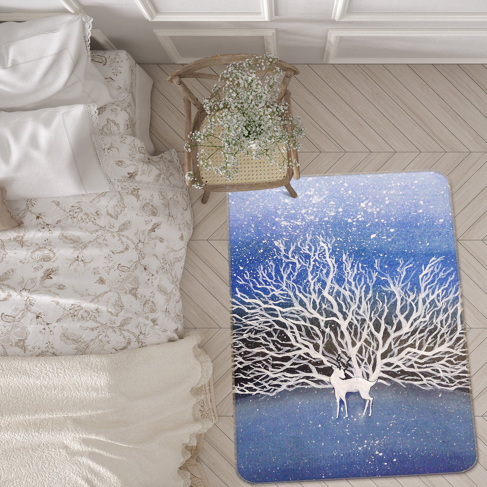 3D White Dead Tree Deer 65031 Non Slip Rug Mat