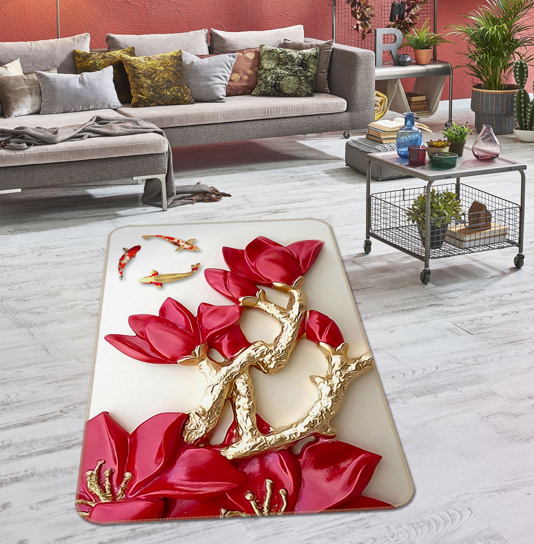 3D Red Flower Fish 32105 Non Slip Rug Mat