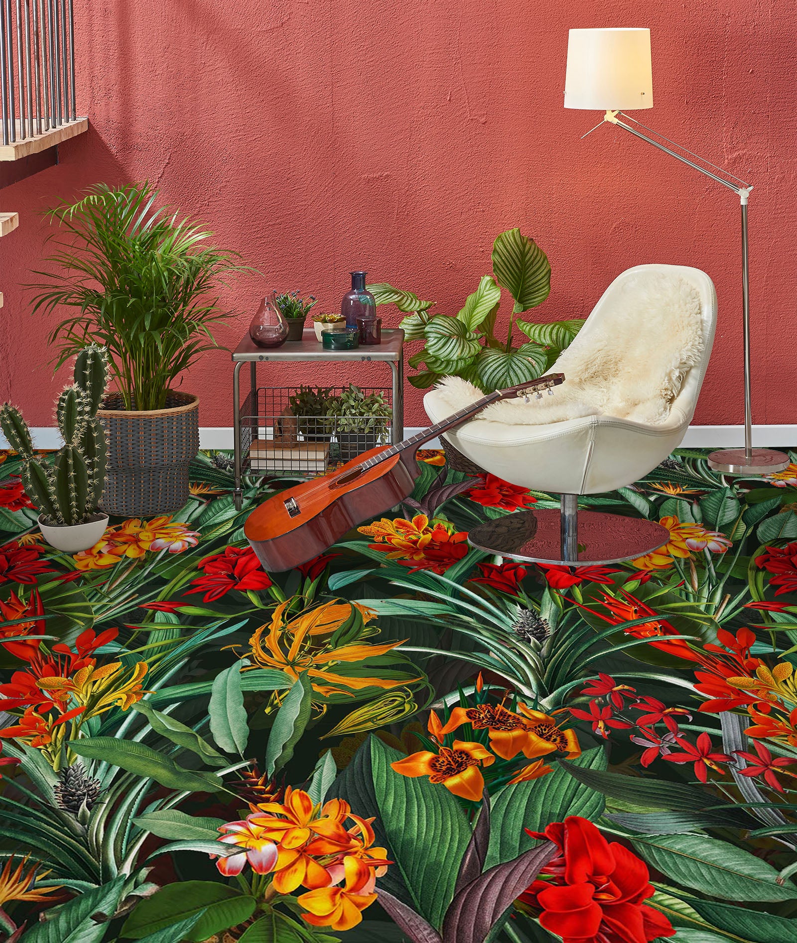 3D Red Flowers Leaves 99194 Uta Naumann Floor Mural