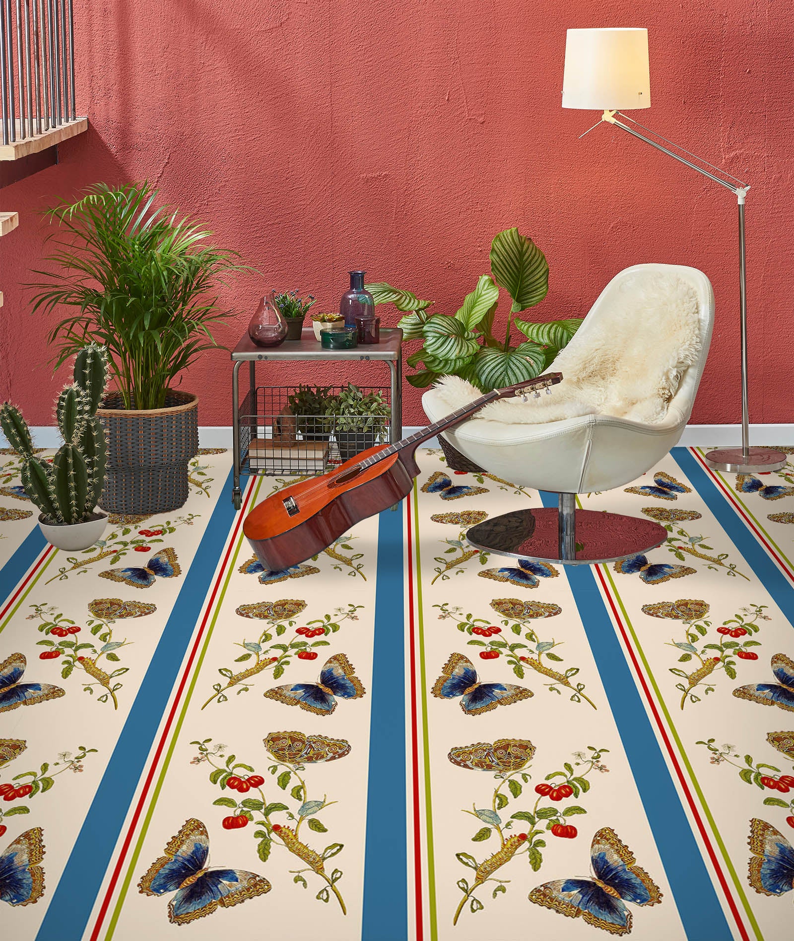 3D Flower Branch Butterfly Pattern 10019 Uta Naumann Floor Mural