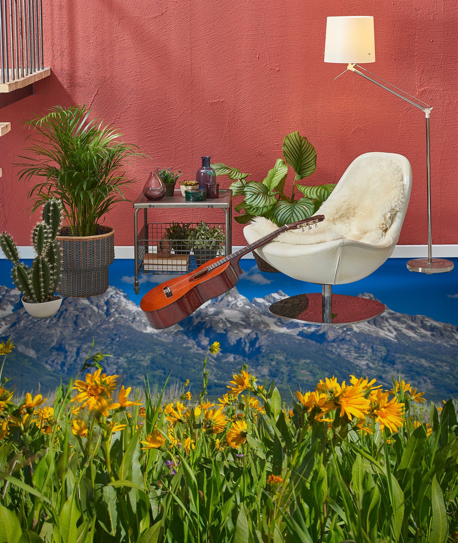 3D Snow Mountain Meadow Flowers 98188 Kathy Barefield Floor Mural