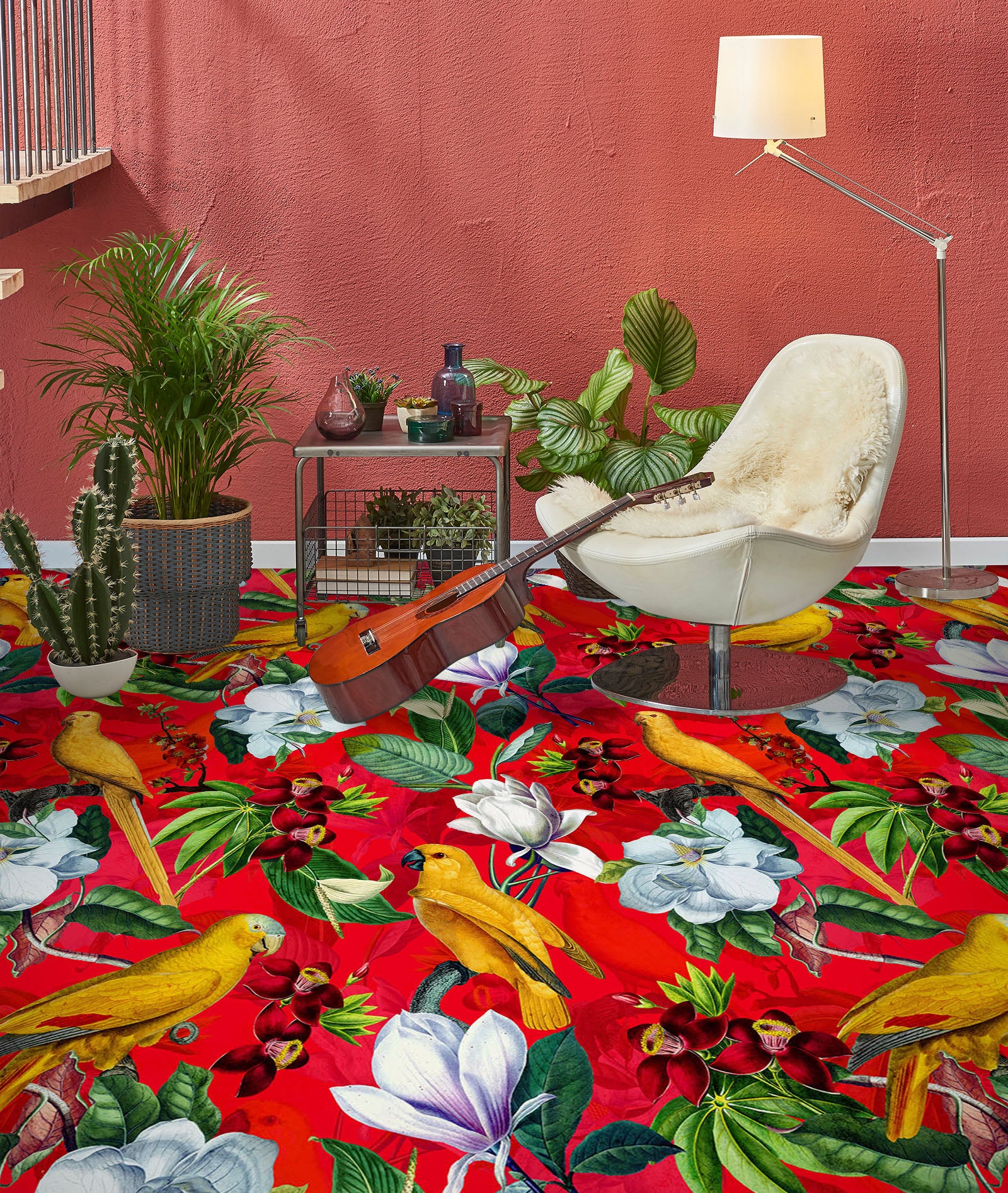 3D Yellow Bird Red Pattern Flowers 99222 Uta Naumann Floor Mural