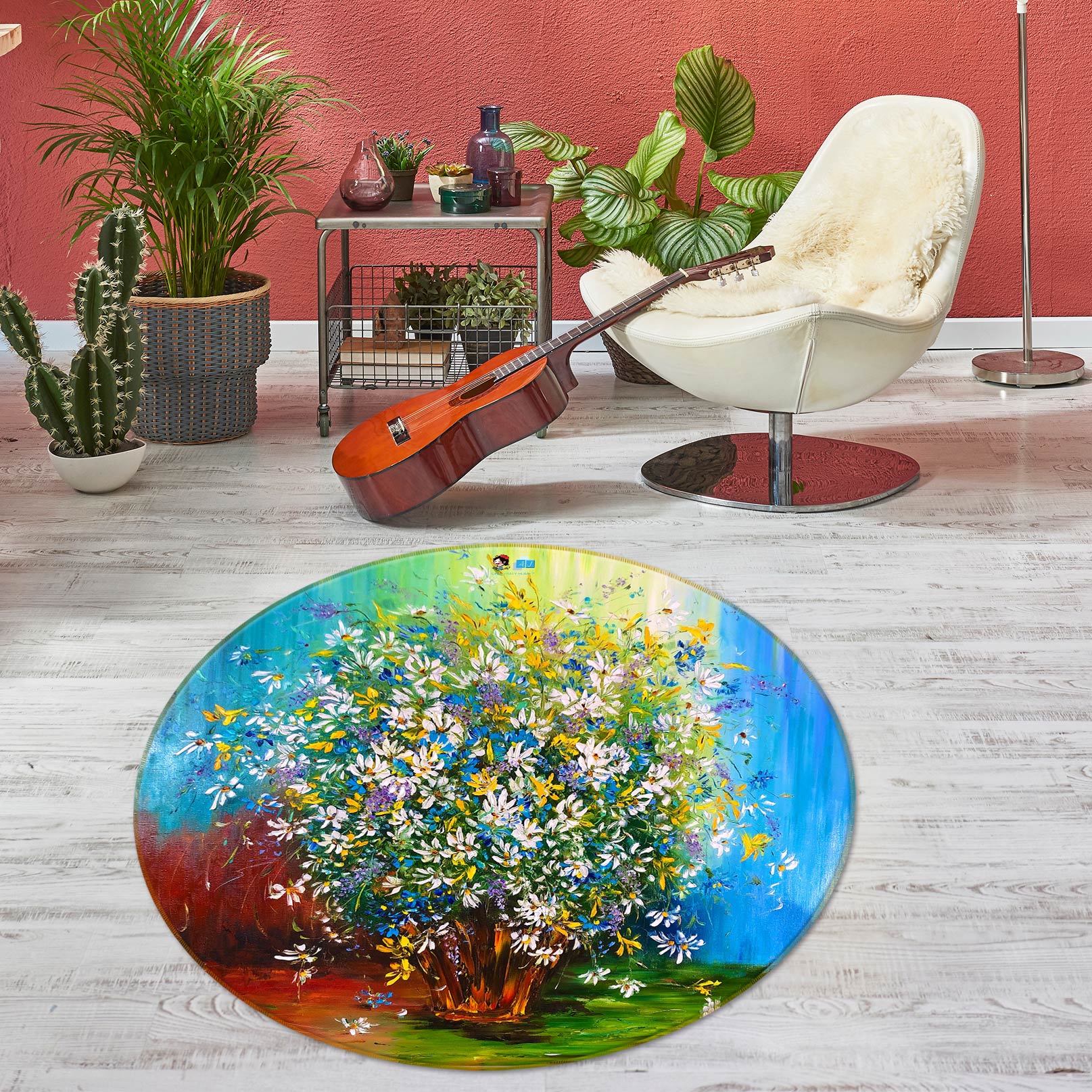 3D Daisy Pot 743 Skromova Marina Rug Round Non Slip Rug Mat