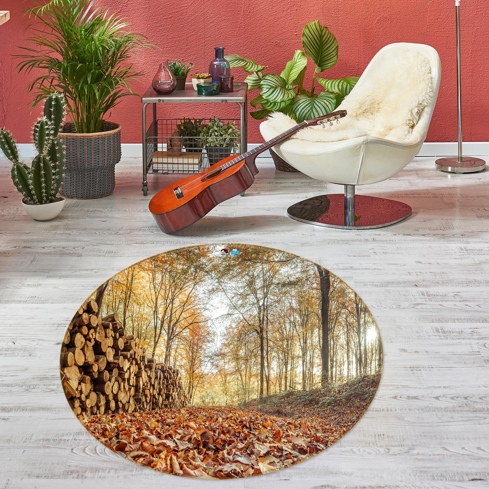 3D Forest Wood 7575 Assaf Frank Rug Round Non Slip Rug Mat