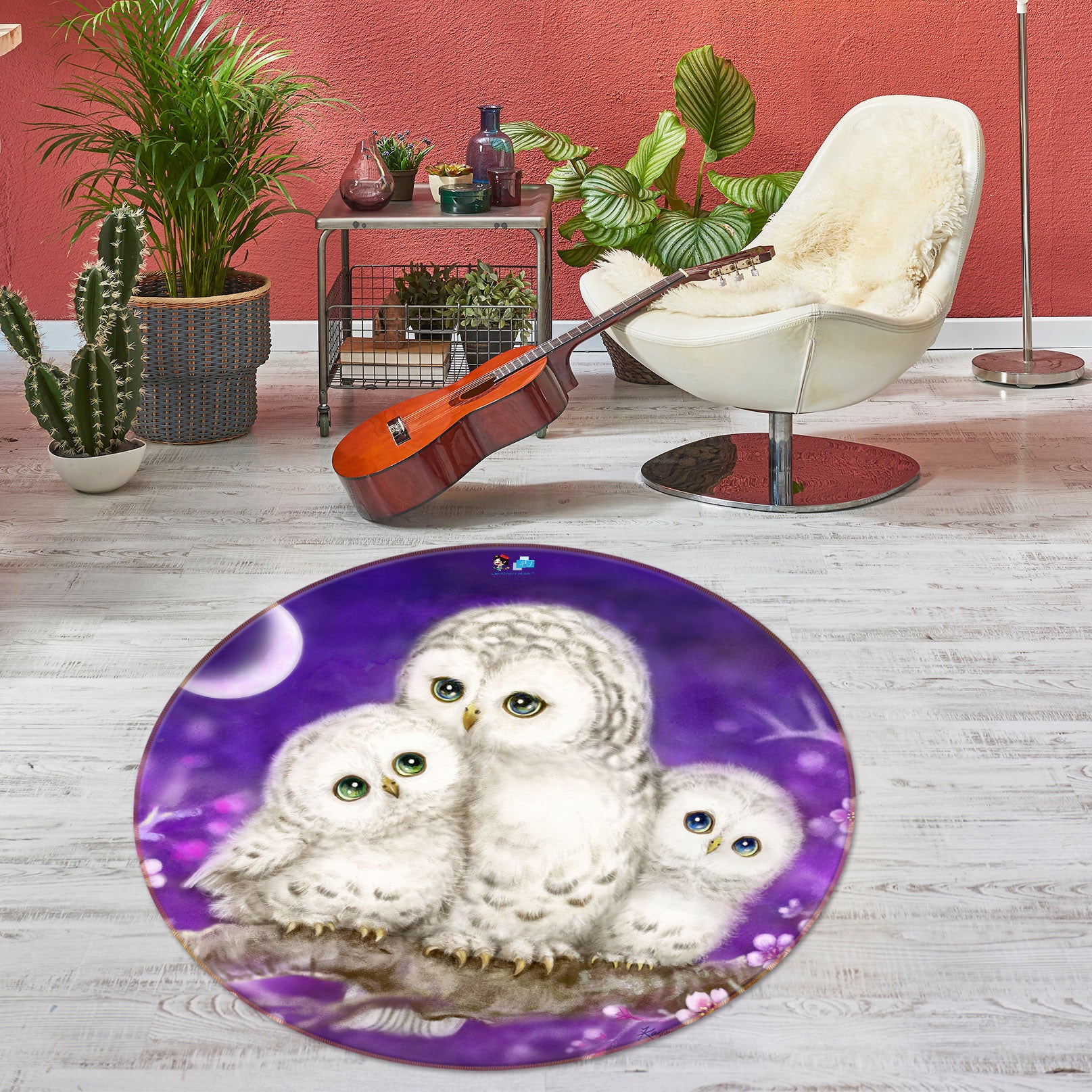 3D Owl Family 6046 Kayomi Harai Rug Round Non Slip Rug Mat