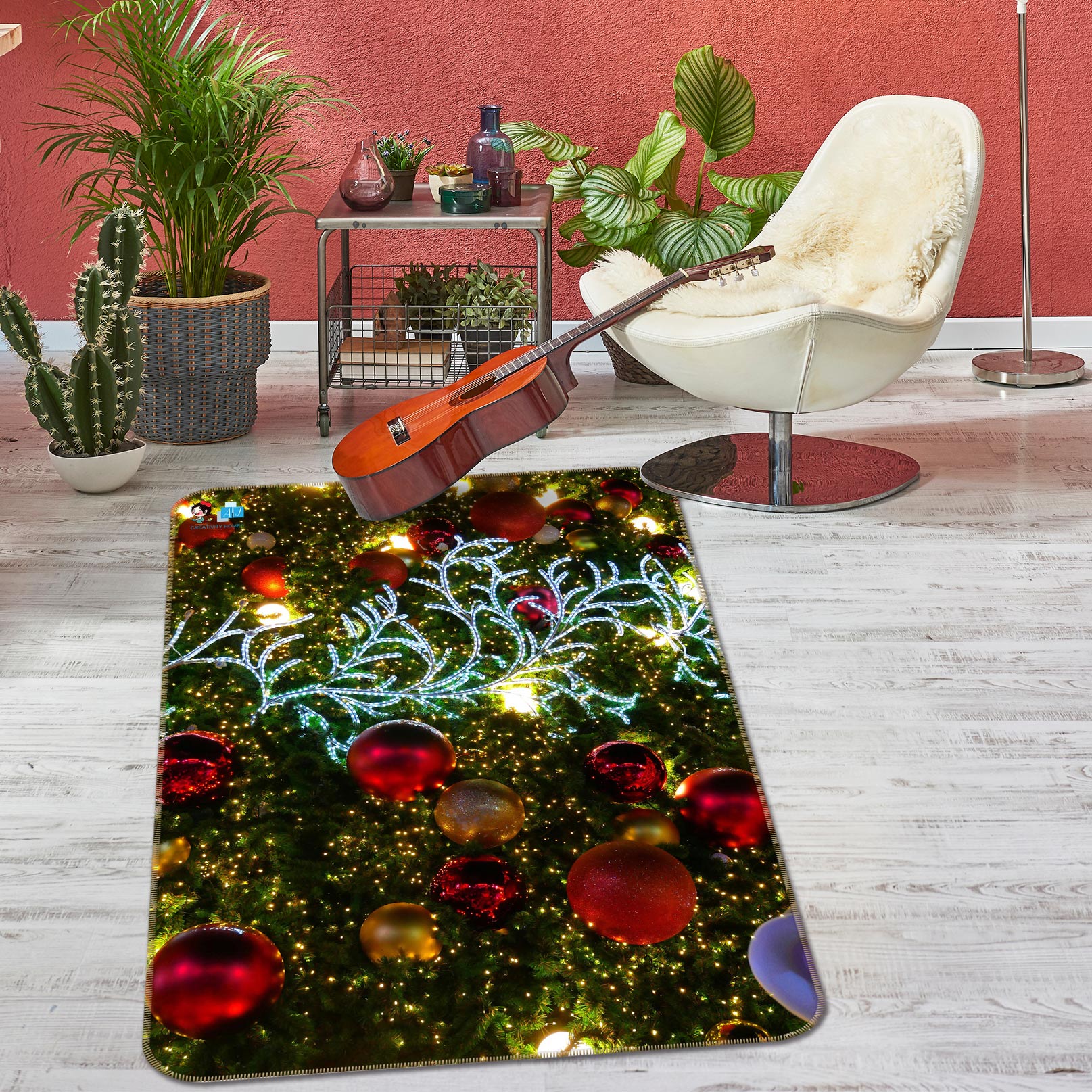 3D Branches Red Ball 55043 Christmas Non Slip Rug Mat Xmas