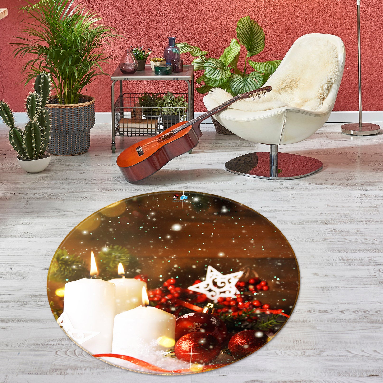 3D White Candle 54166 Christmas Round Non Slip Rug Mat Xmas