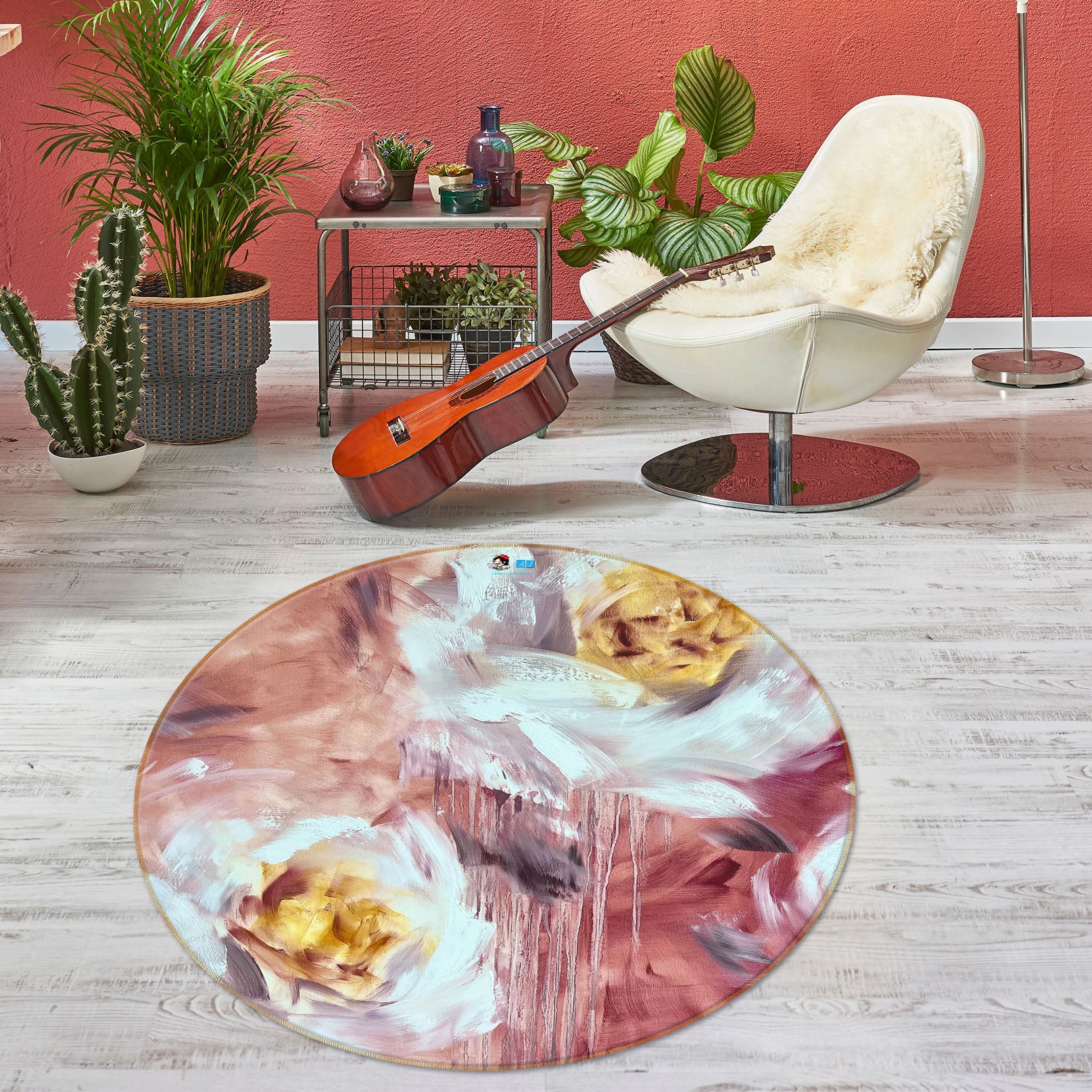 3D White Flower 4035 Skromova Marina Rug Round Non Slip Rug Mat