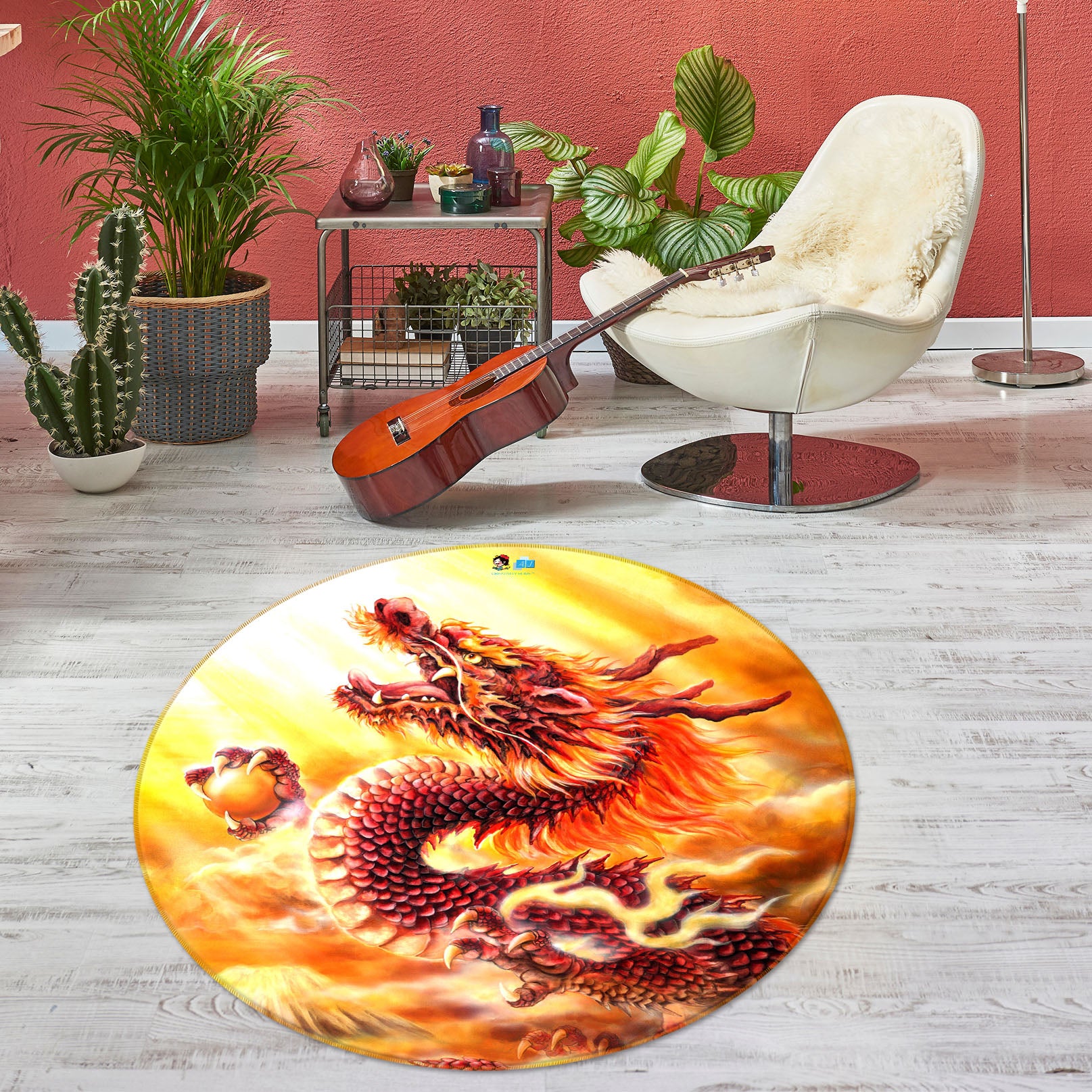 3D Red Dragon 6055 Kayomi Harai Rug Round Non Slip Rug Mat