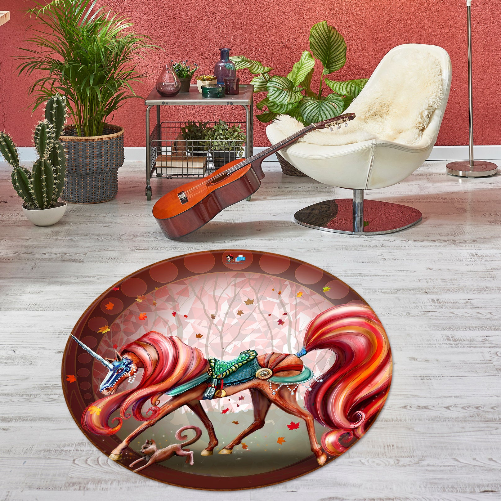 3D Unicorn In Autumn 46894 Rose Catherine Khan Rug Round Non Slip Rug Mat