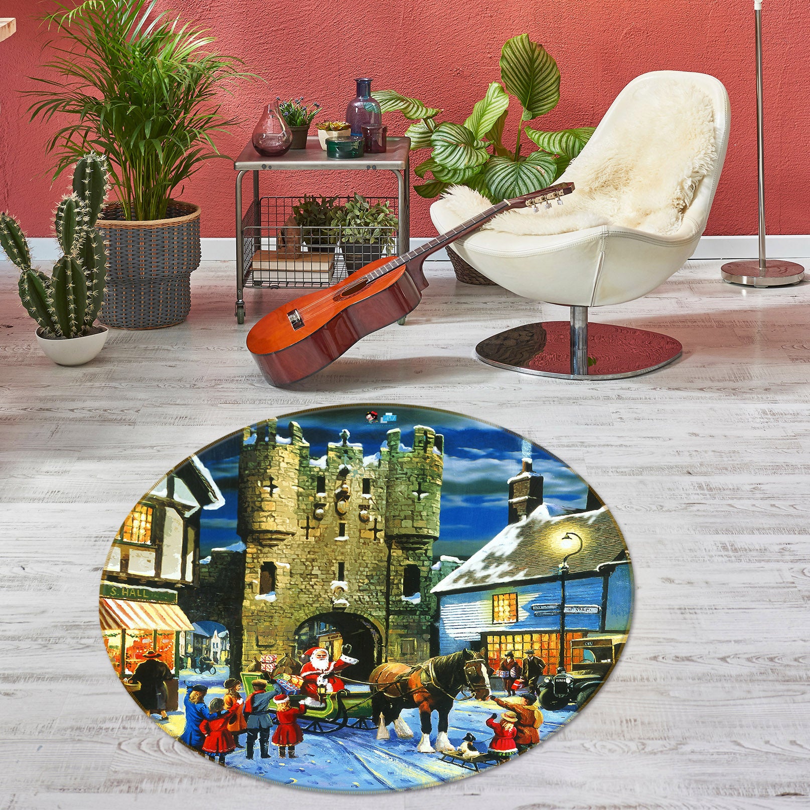 3D Santa Claus 044 Kevin Walsh Rug Round Non Slip Rug Mat