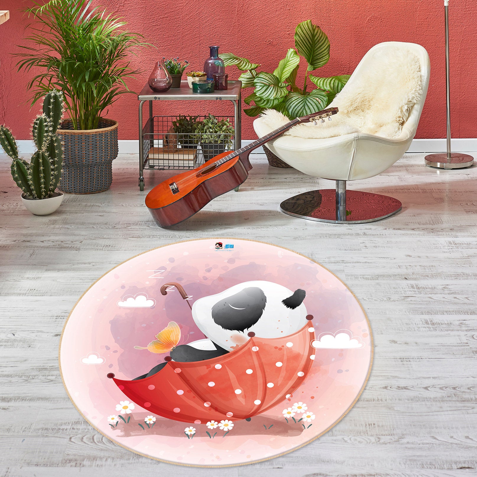 3D Red Umbrella Panda 74223 Round Non Slip Rug Mat