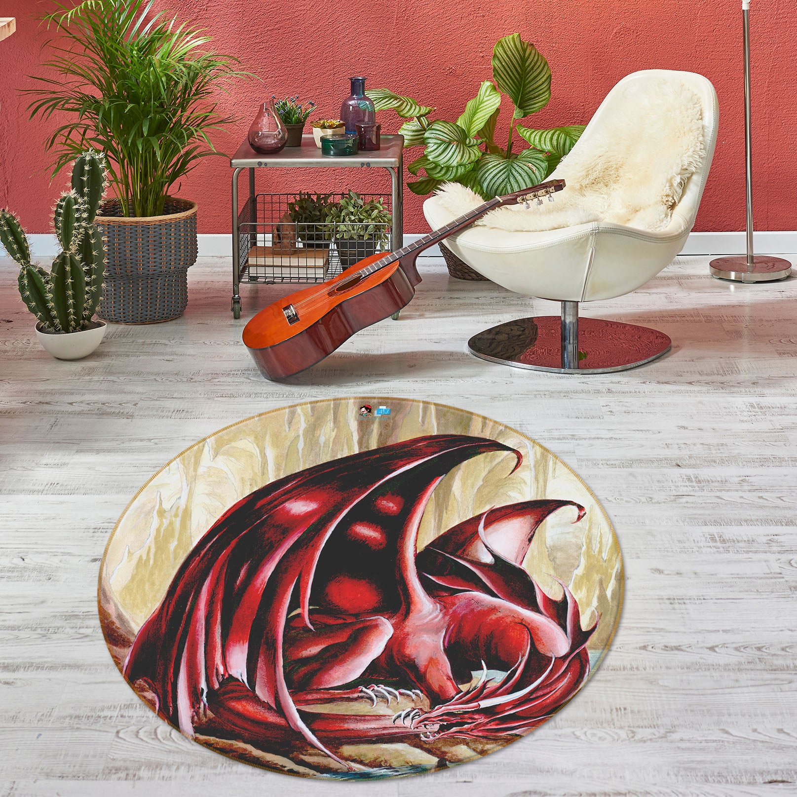3D Red Dragon 8380 Ruth Thompson Rug Round Non Slip Rug Mat