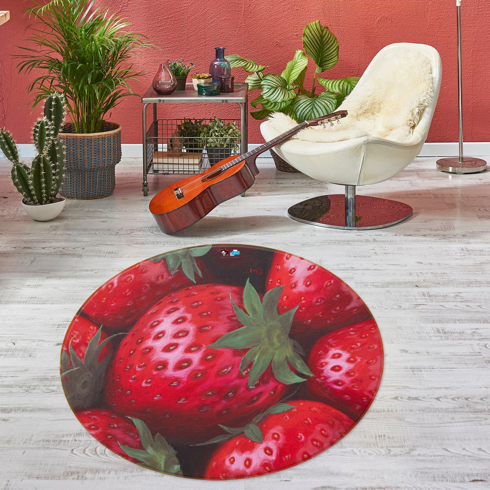 3D Strawberry 18161 Marina Zotova Rug Round Non Slip Rug Mat