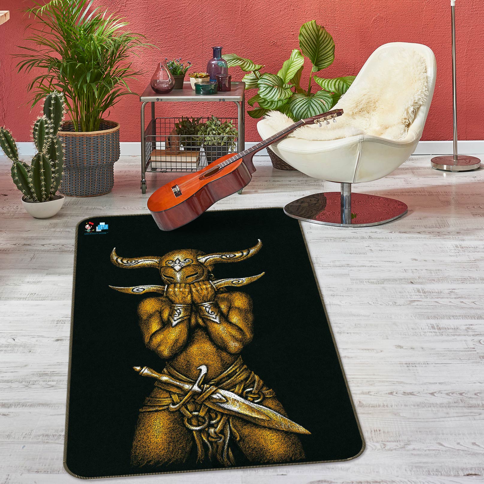 3D Sword Horn Mask Man 6025 Ciruelo Rug Non Slip Rug Mat