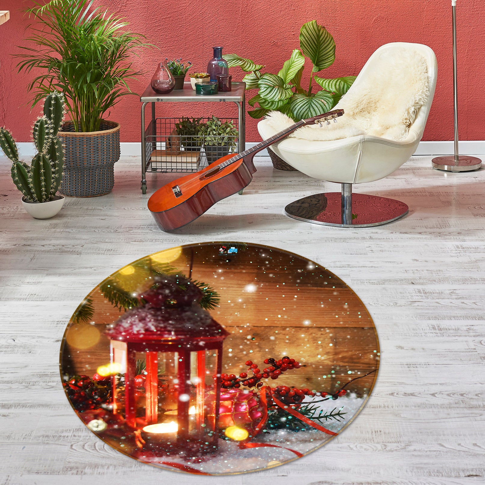3D Candle Lights Snow 54164 Christmas Round Non Slip Rug Mat Xmas