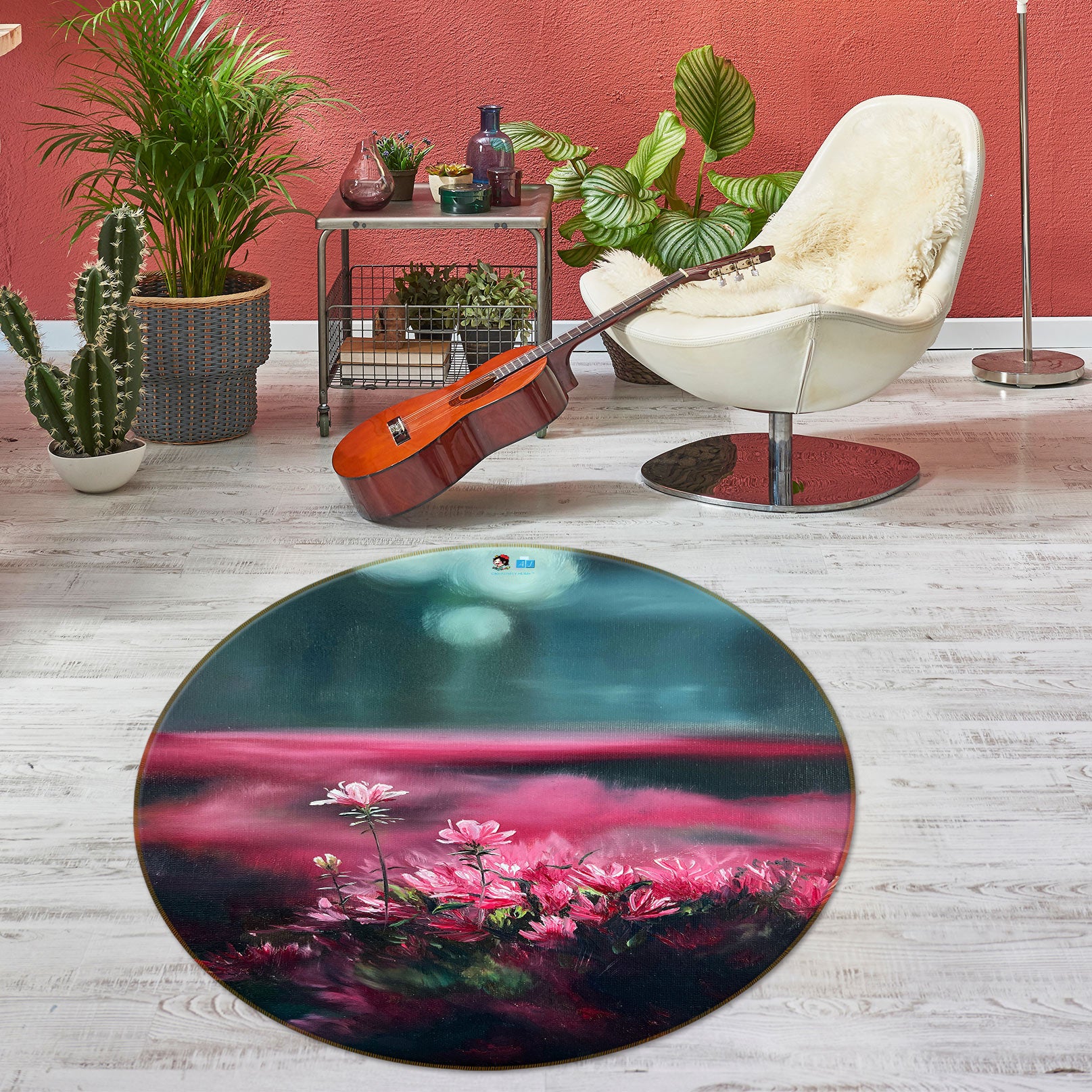 3D Pink Floral Flower Bush 9722 Marina Zotova Rug Round Non Slip Rug Mat