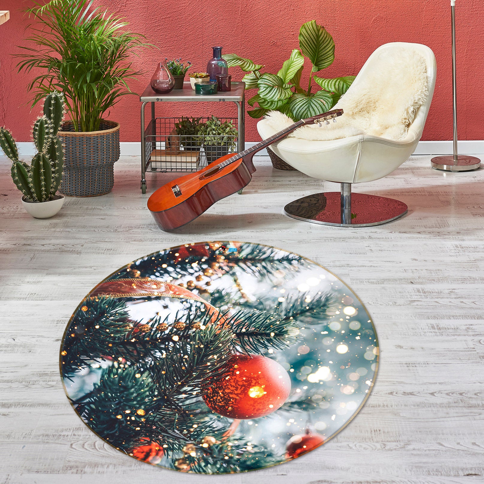3D Branch Red Ball 75092 Round Non Slip Rug Mat