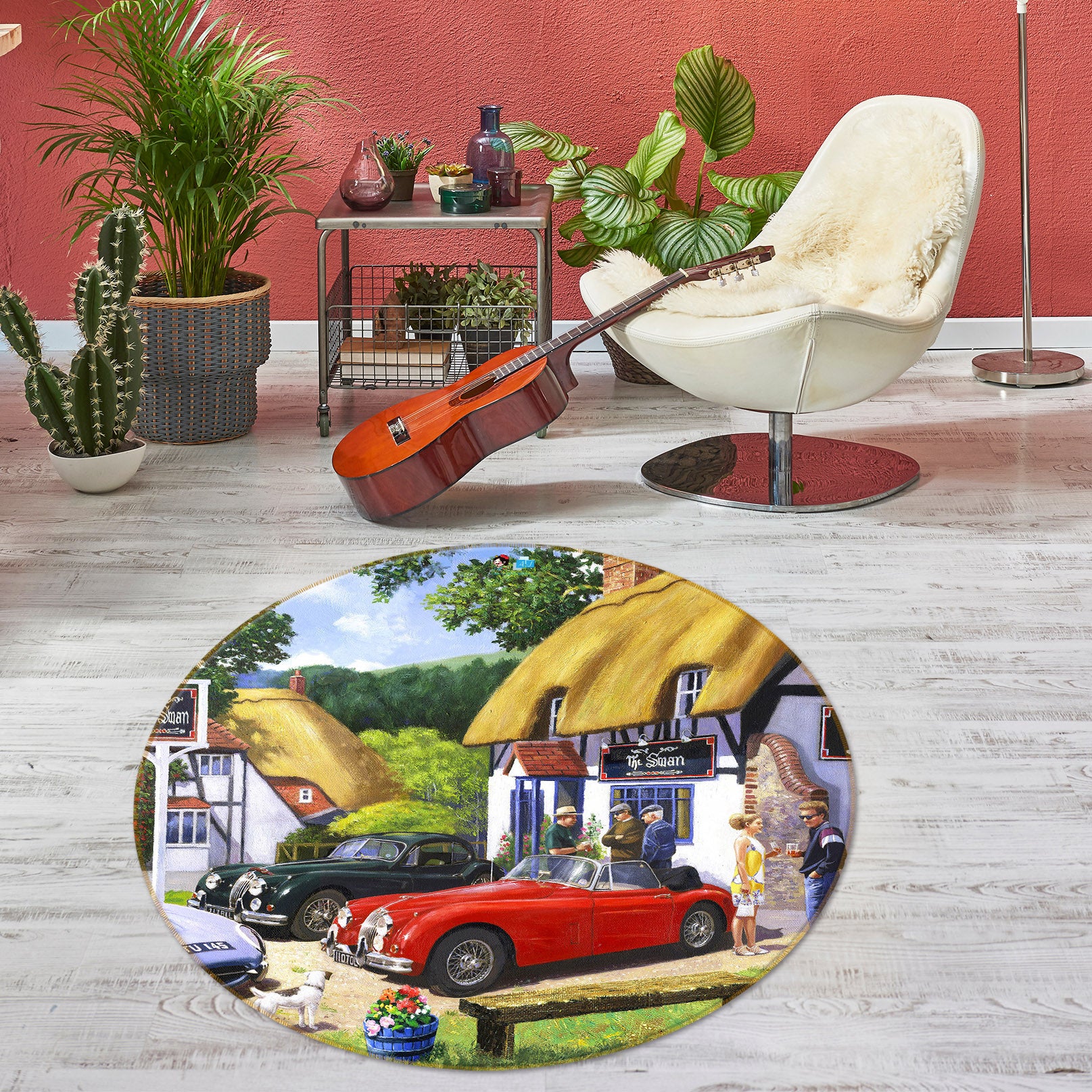 3D Red Car Dog 050 Kevin Walsh Rug Round Non Slip Rug Mat