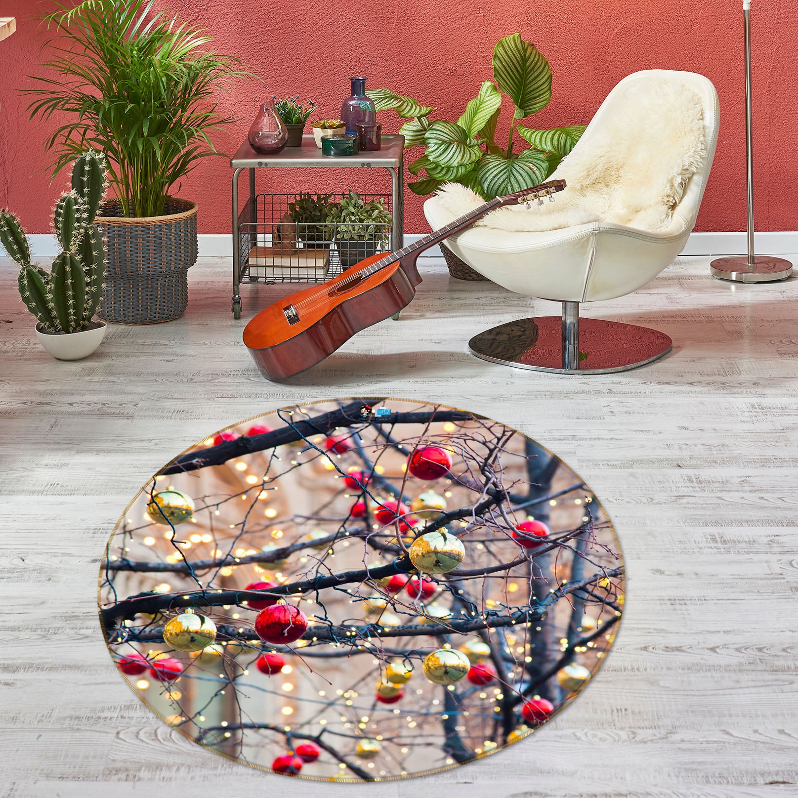 3D Branches Red Yellow Ball 54149 Christmas Round Non Slip Rug Mat Xmas