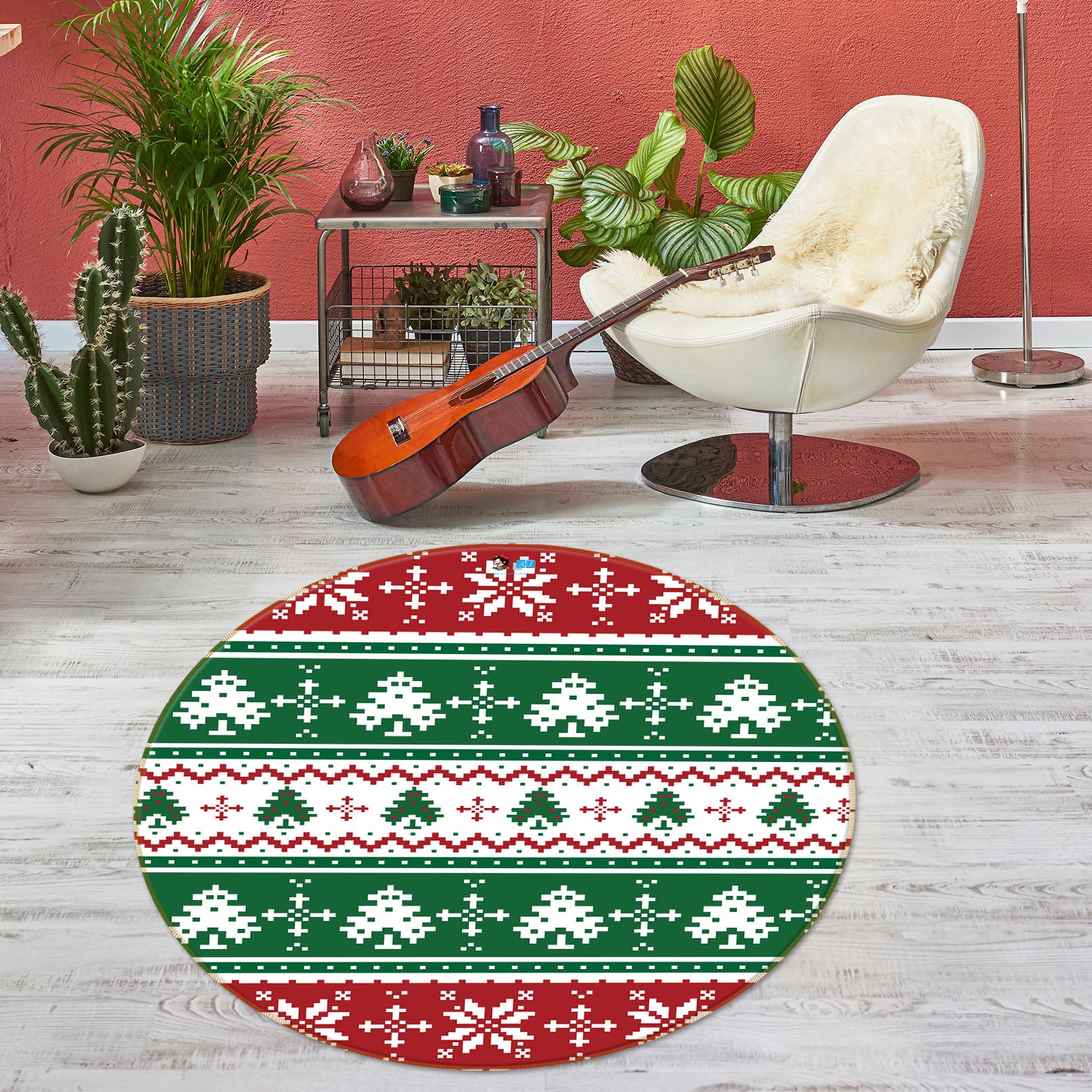 3D Tree Snowflake Pattern 54206 Christmas Round Non Slip Rug Mat Xmas
