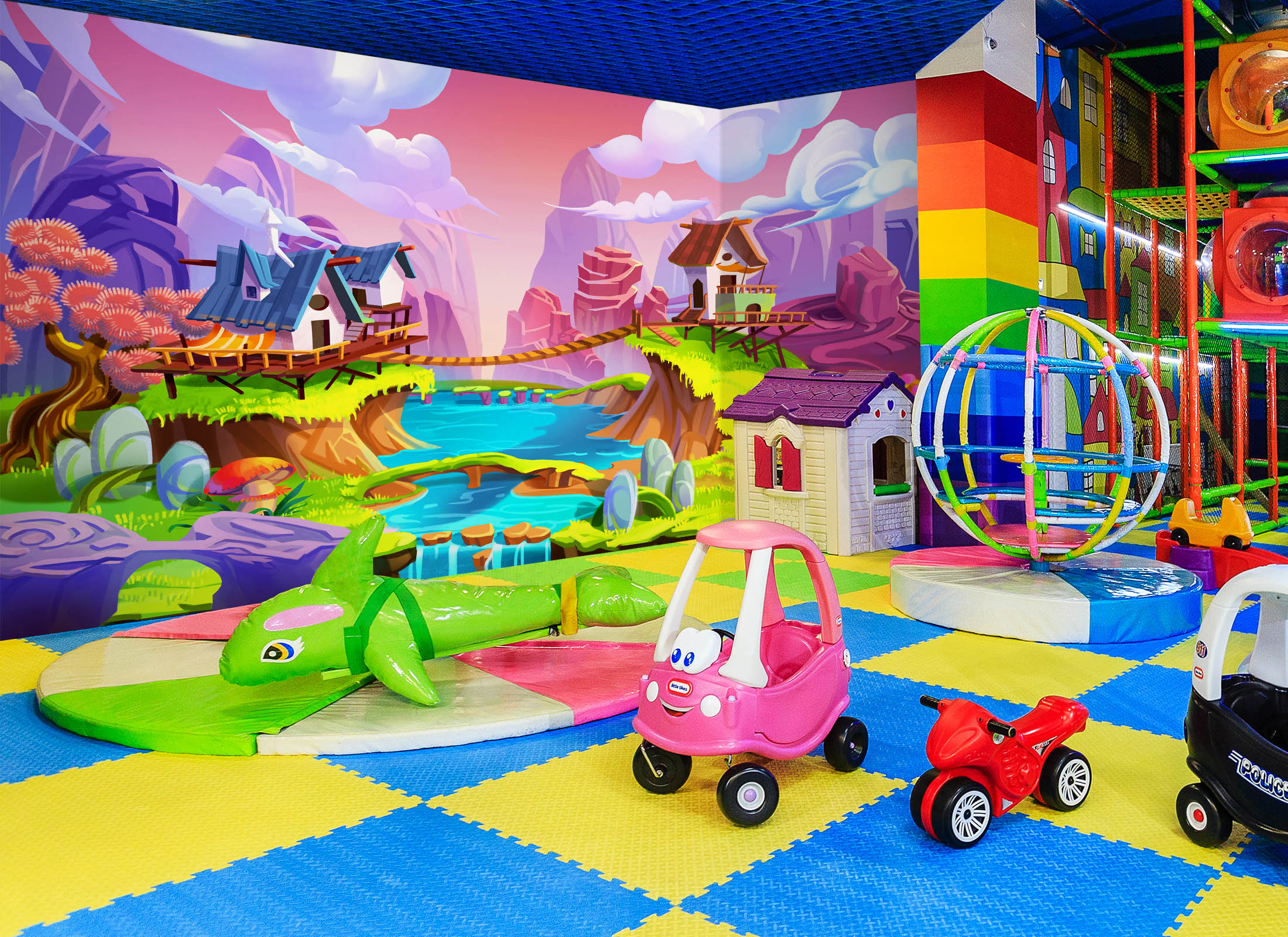 3D Mountain River Houses 1407 Indoor Play Centres Wall Murals