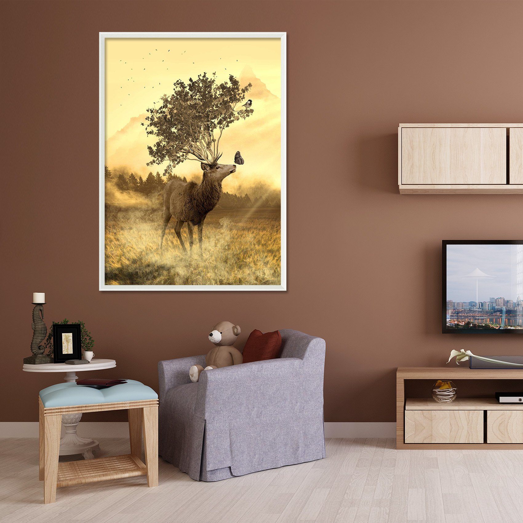 3D Fawn Butterfly 057 Fake Framed Print Painting Wallpaper AJ Creativity Home