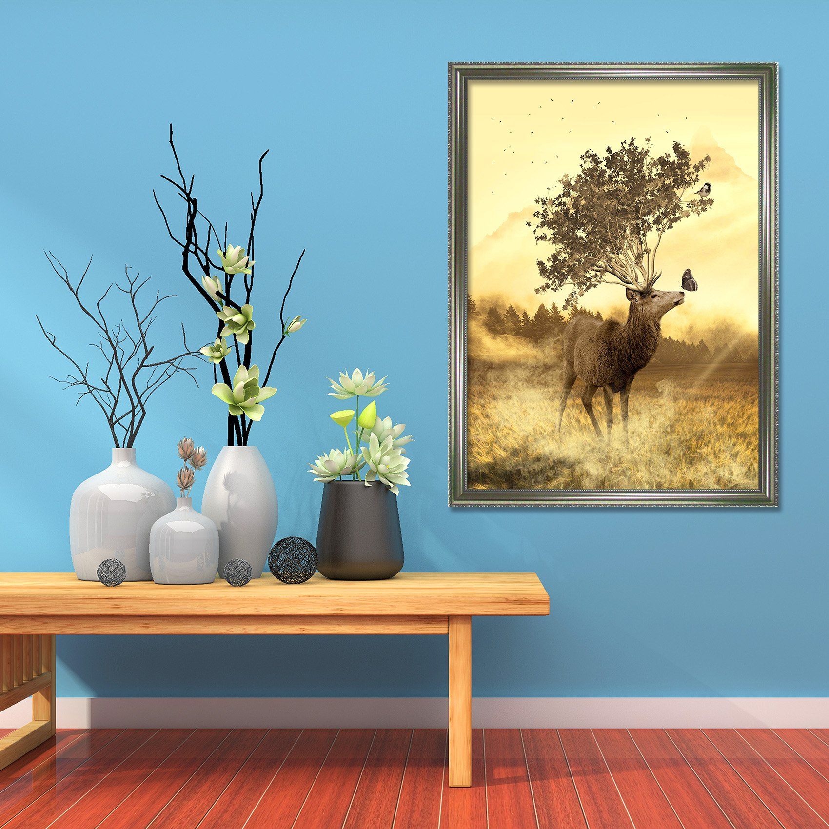 3D Fawn Butterfly 057 Fake Framed Print Painting Wallpaper AJ Creativity Home