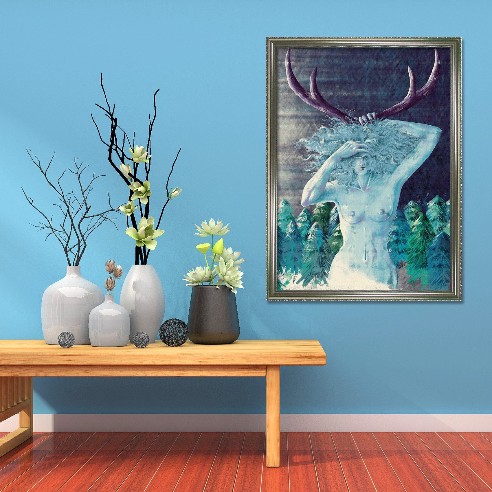 3D Antler Woman 084 Fake Framed Print Painting Wallpaper AJ Creativity Home