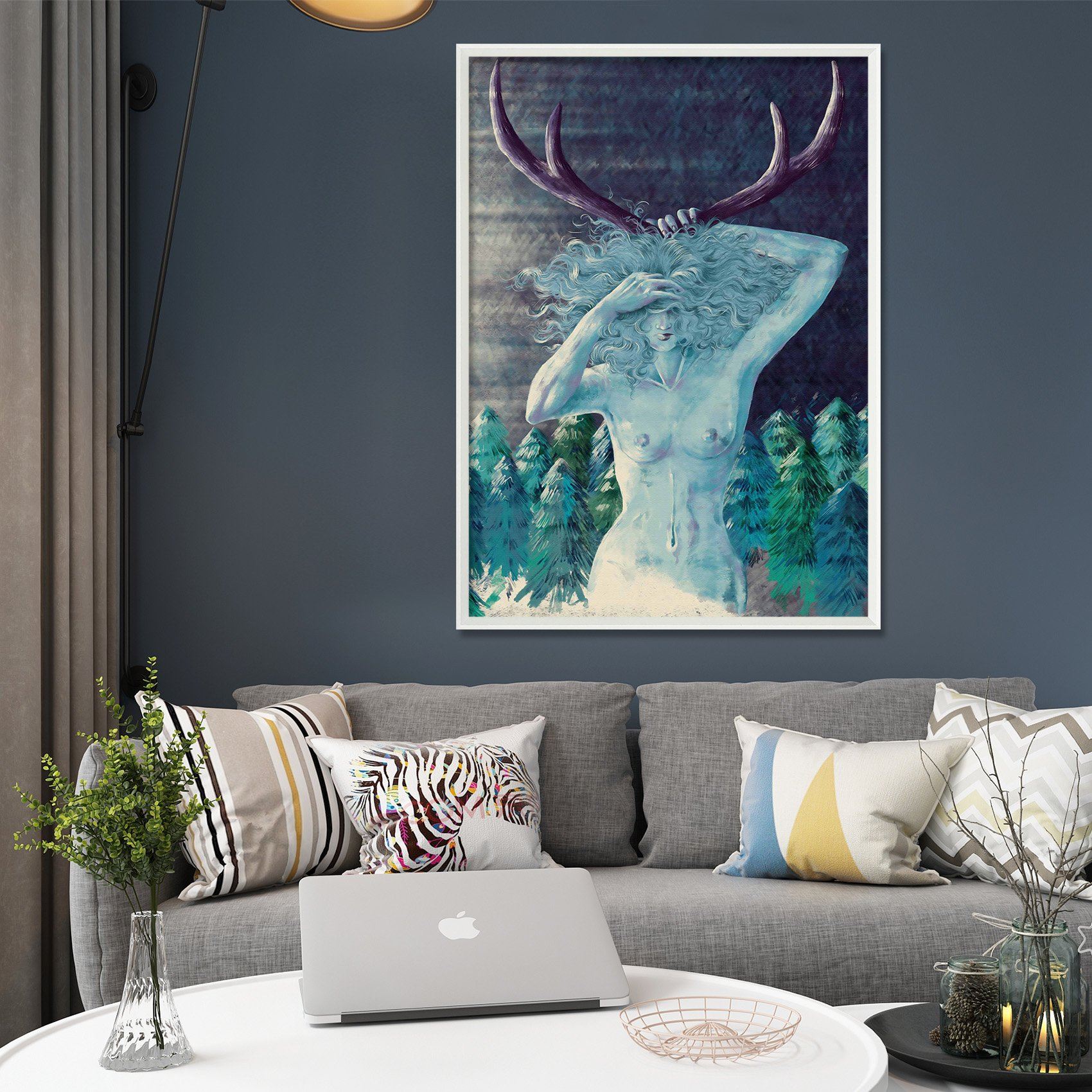 3D Antler Woman 084 Fake Framed Print Painting Wallpaper AJ Creativity Home