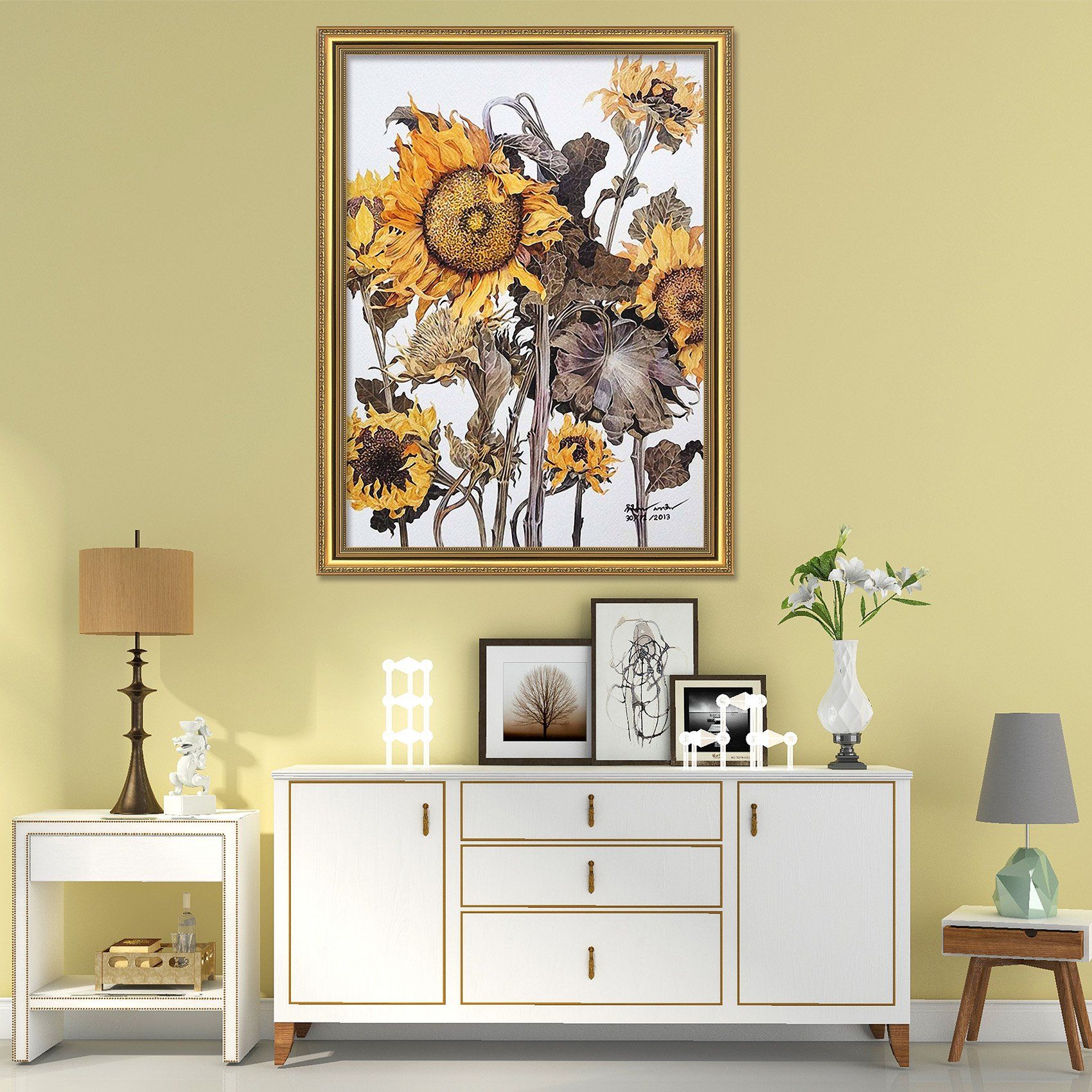 3D Withering Sunflower 091 Fake Framed Print Painting Wallpaper AJ Creativity Home