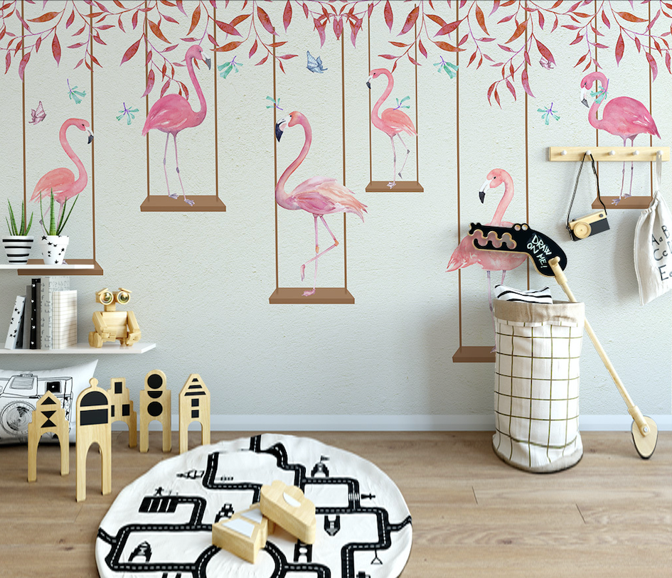 3D Pink Leaf Flamingo WG018 Wall Murals