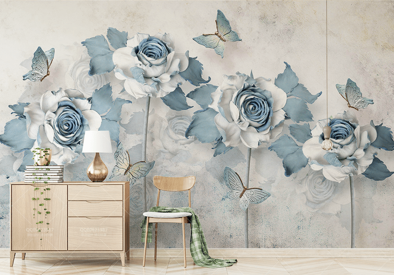 3D Blue Flowers WG007 Wall Murals Wallpaper AJ Wallpaper 2