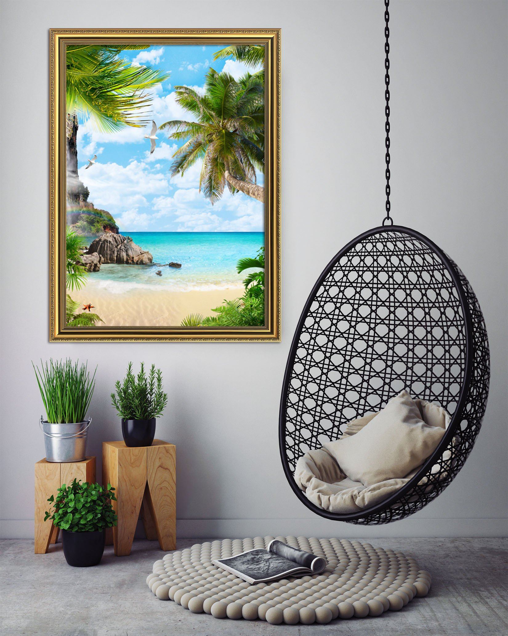 3D Coconut Beach 043 Fake Framed Print Painting Wallpaper AJ Creativity Home