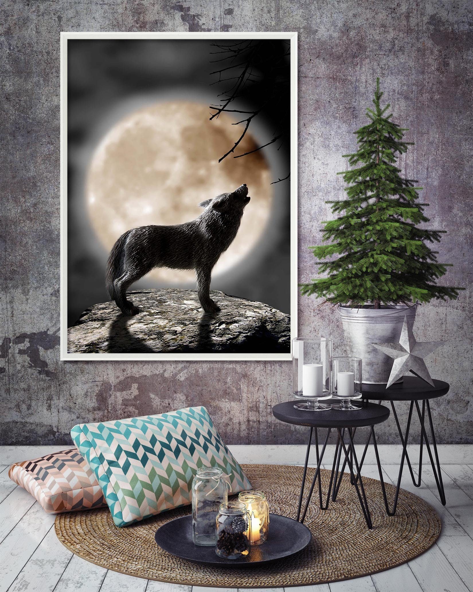 3D Wolf Calling 054 Fake Framed Print Painting Wallpaper AJ Creativity Home
