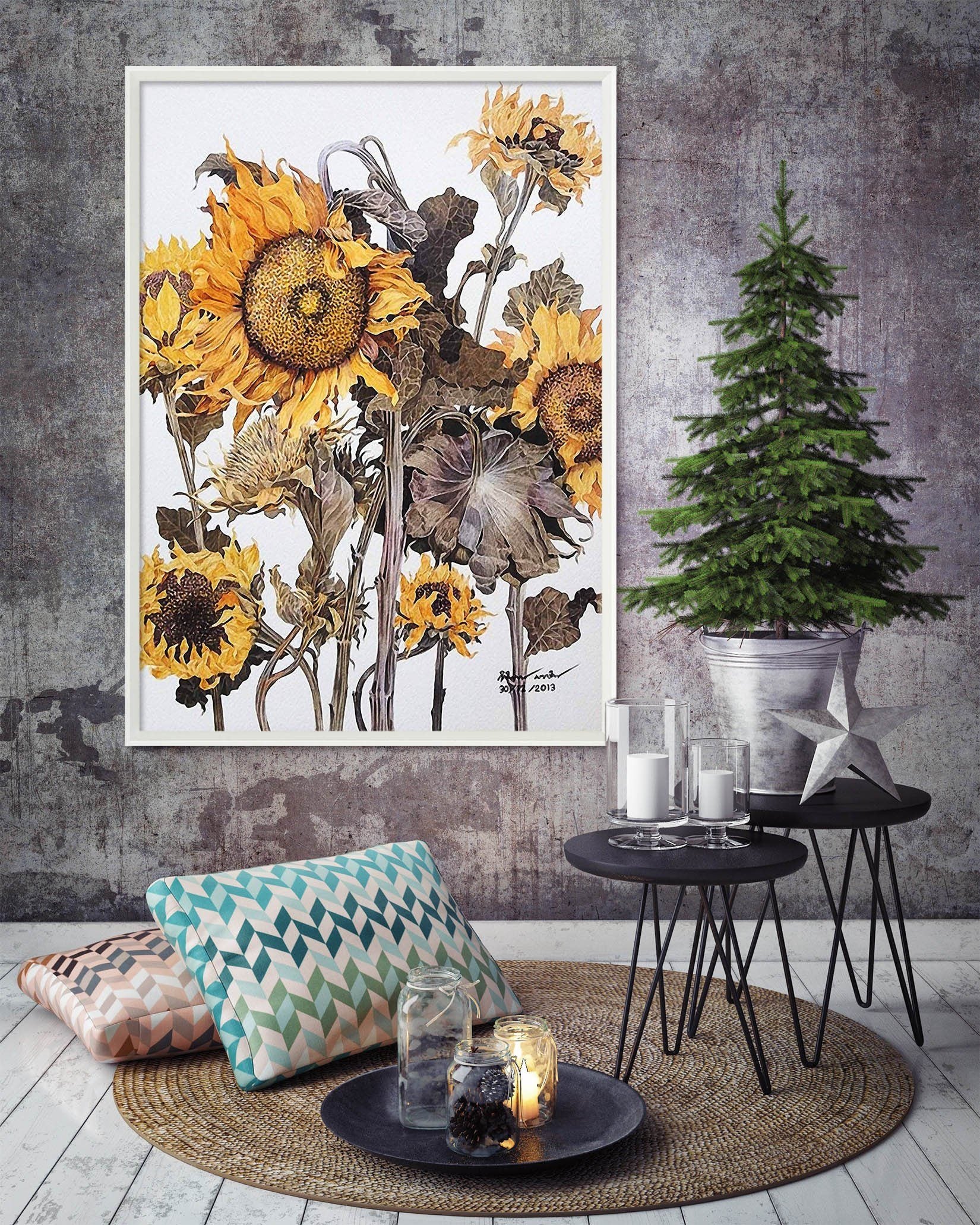 3D Withering Sunflower 091 Fake Framed Print Painting Wallpaper AJ Creativity Home