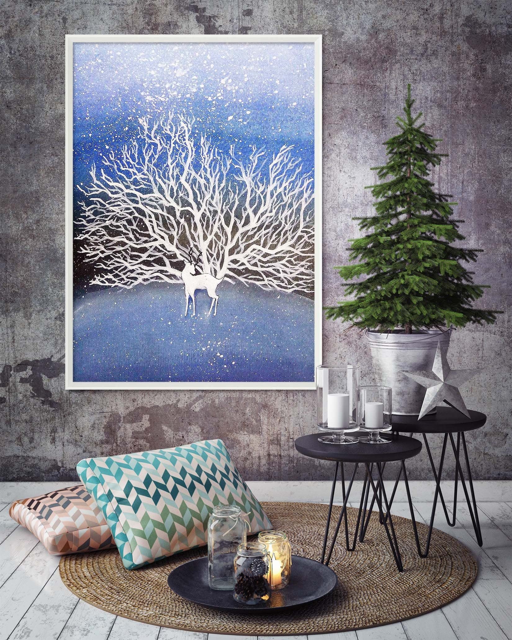 3D White Deer 098 Fake Framed Print Painting Wallpaper AJ Creativity Home