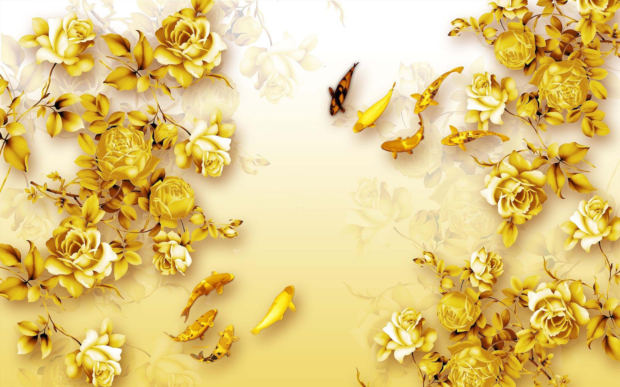 Golden Fishes Flowers Wallpaper AJ Wallpaper