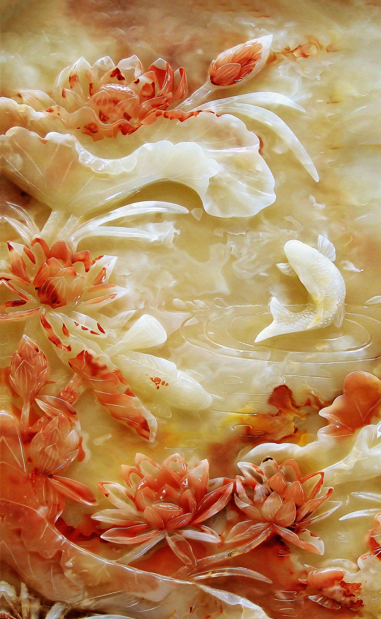 Carved Flowers Fishes Wallpaper AJ Wallpaper