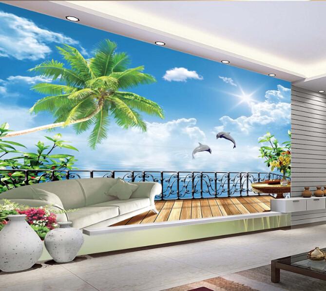 3D Blue Sky Coconut Tree Railing Wallpaper AJ Wallpaper 1