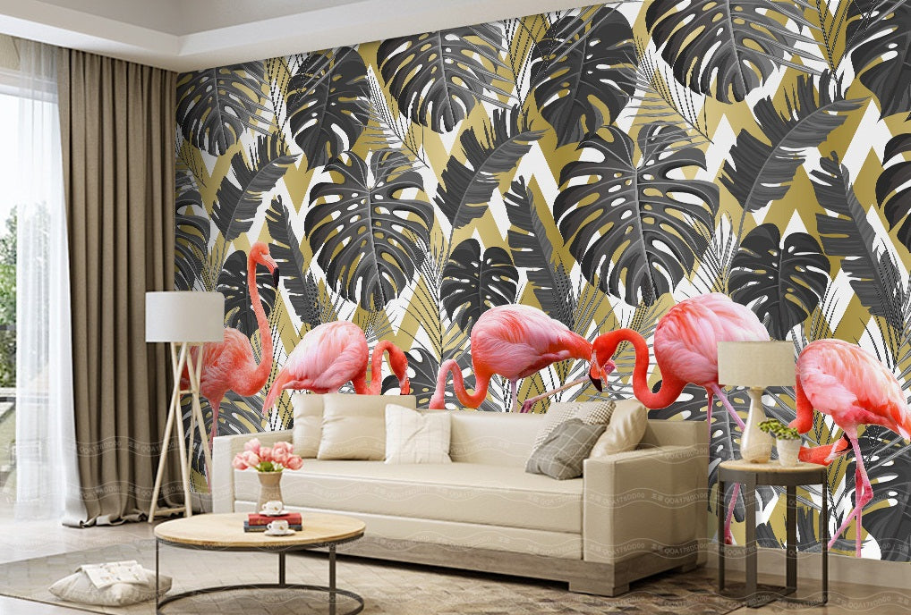 3D Flamingo Leaves WC426 Wall Murals